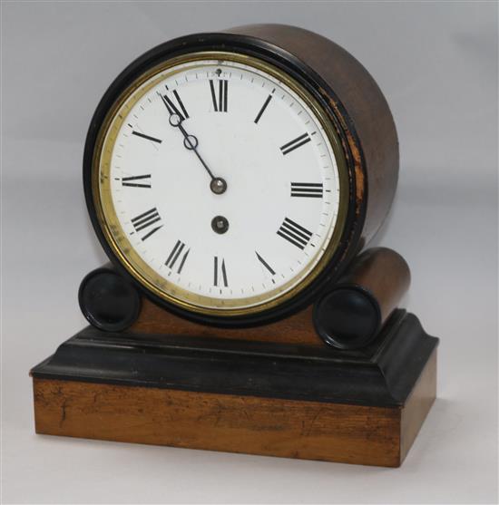 A Victorian walnut and ebonised mantel timepiece width 26cm height 26cm